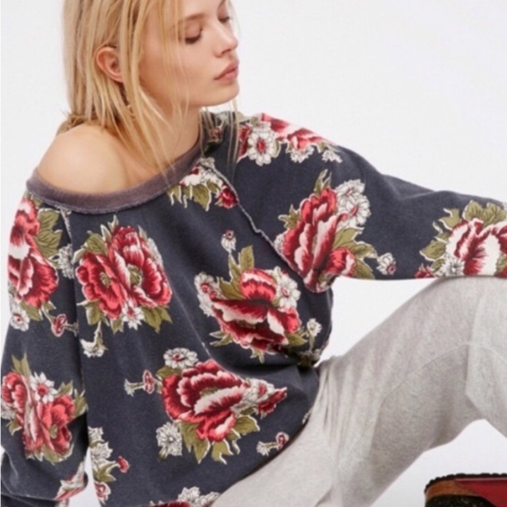 Free People Go On Get Floral Off-the-Shoulder Sweatshirt XS